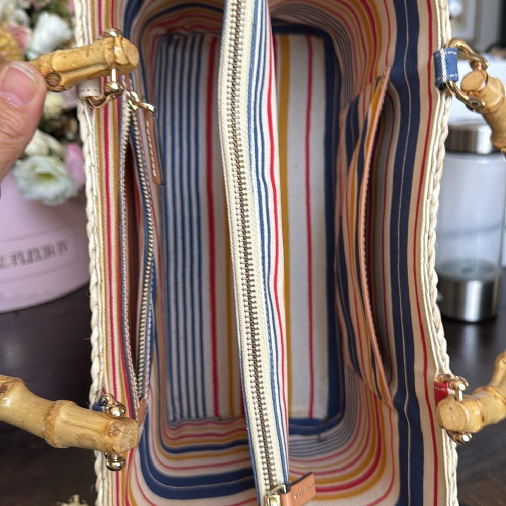 Frances Valentine Bamboo Handle Woven Tote Bag – Striped Interior - Picture 9 of 12
